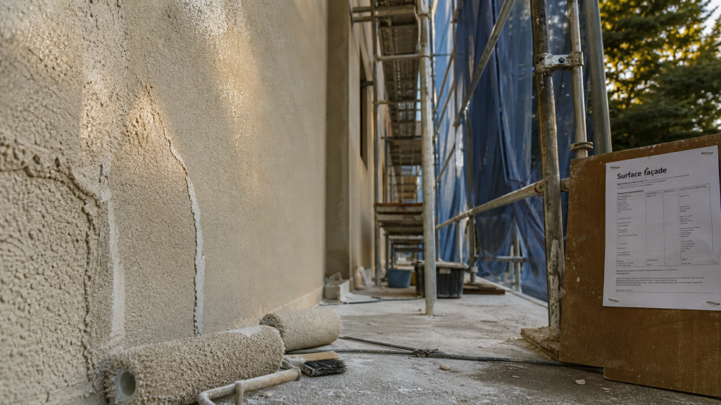 Prix ravalement façade maison 100m2 : façade en cours, échafaudage et enduit frais