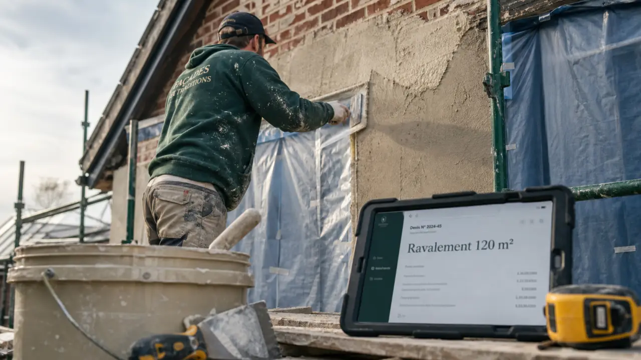 Façadier appliquant l'enduit sur une façade en rénovation, échafaudage bâché et devis de ravalement posé sur une tablette