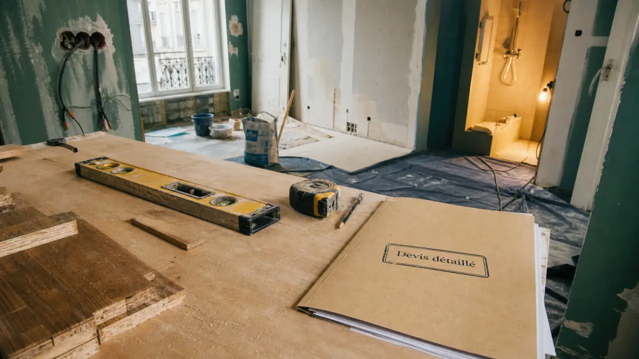 Rénovation appartement paris 17, chantier dans un appartement haussmannien avec outils et poussière.