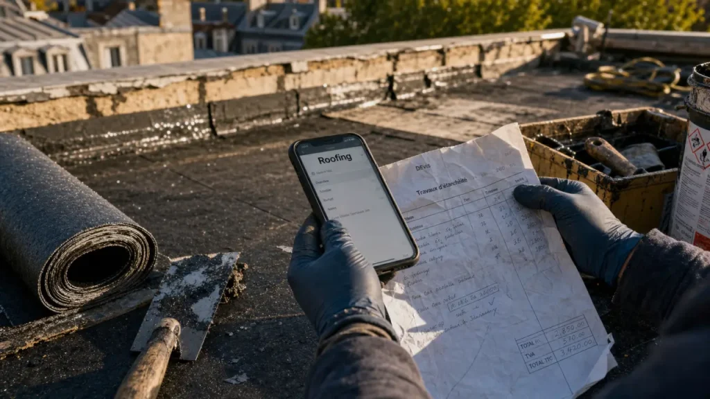 Roofing : toit-terrasse en chantier, membrane bitumeuse et critères d’étanchéité