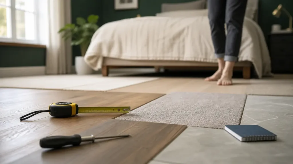 Sol chambre : échantillons parquet, vinyle, moquette et grès cérame