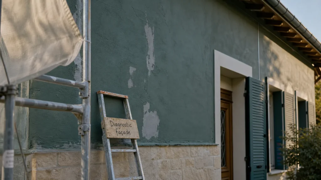 Solutions rénover ou embellir façade : enduit frais et parement sur façade avec échafaudage