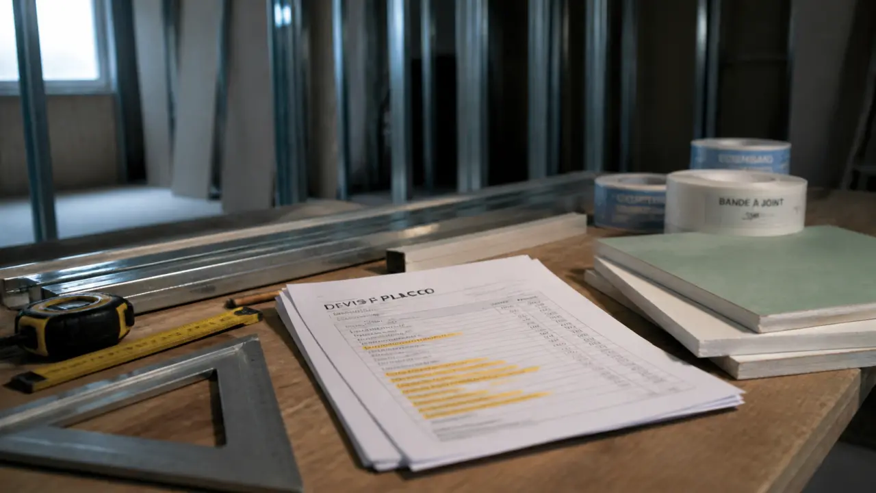 Devis placo sur table en chantier intérieur avec plaques BA13