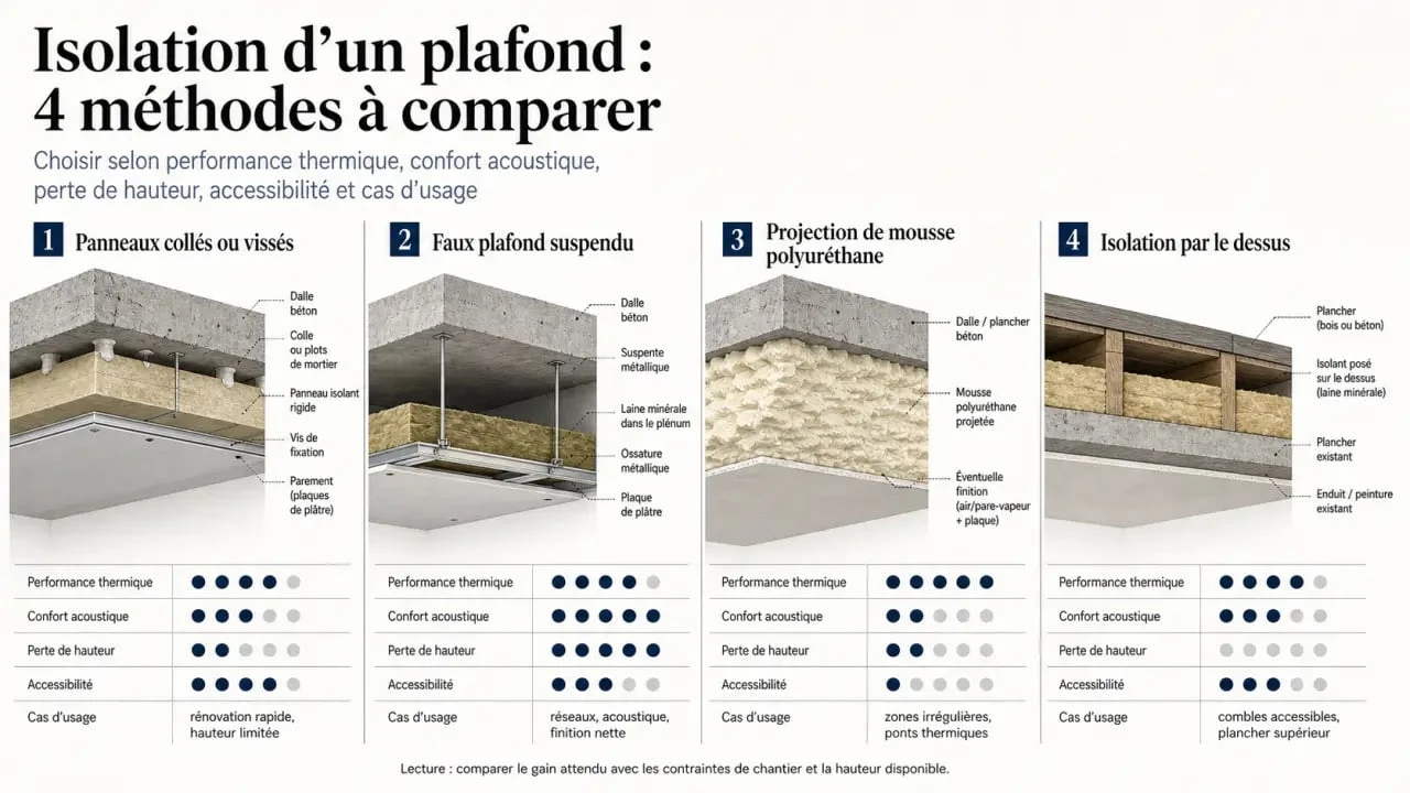 Plafond isolation : tableau comparatif des méthodes d’isolation d’un plafond
