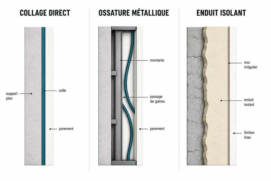 Isolation par l'intérieur : collage direct, ossature métallique et enduit isolant