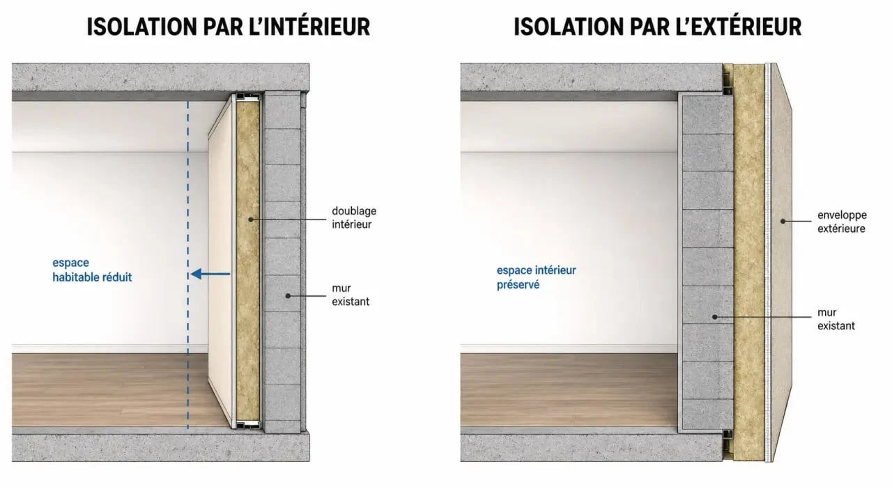 Isolation par l'intérieur : comparaison visuelle entre doublage intérieur et isolation extérieure