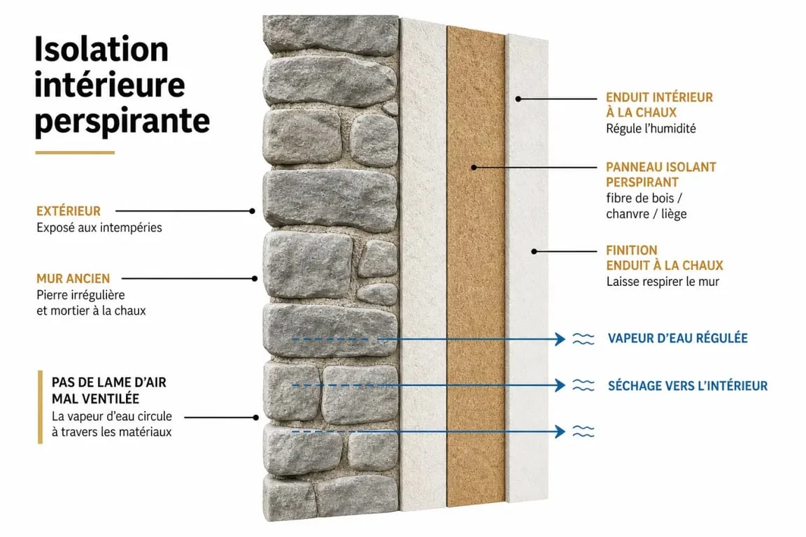 Isolation par l'intérieur : mur ancien, humidité et matériaux perspirants