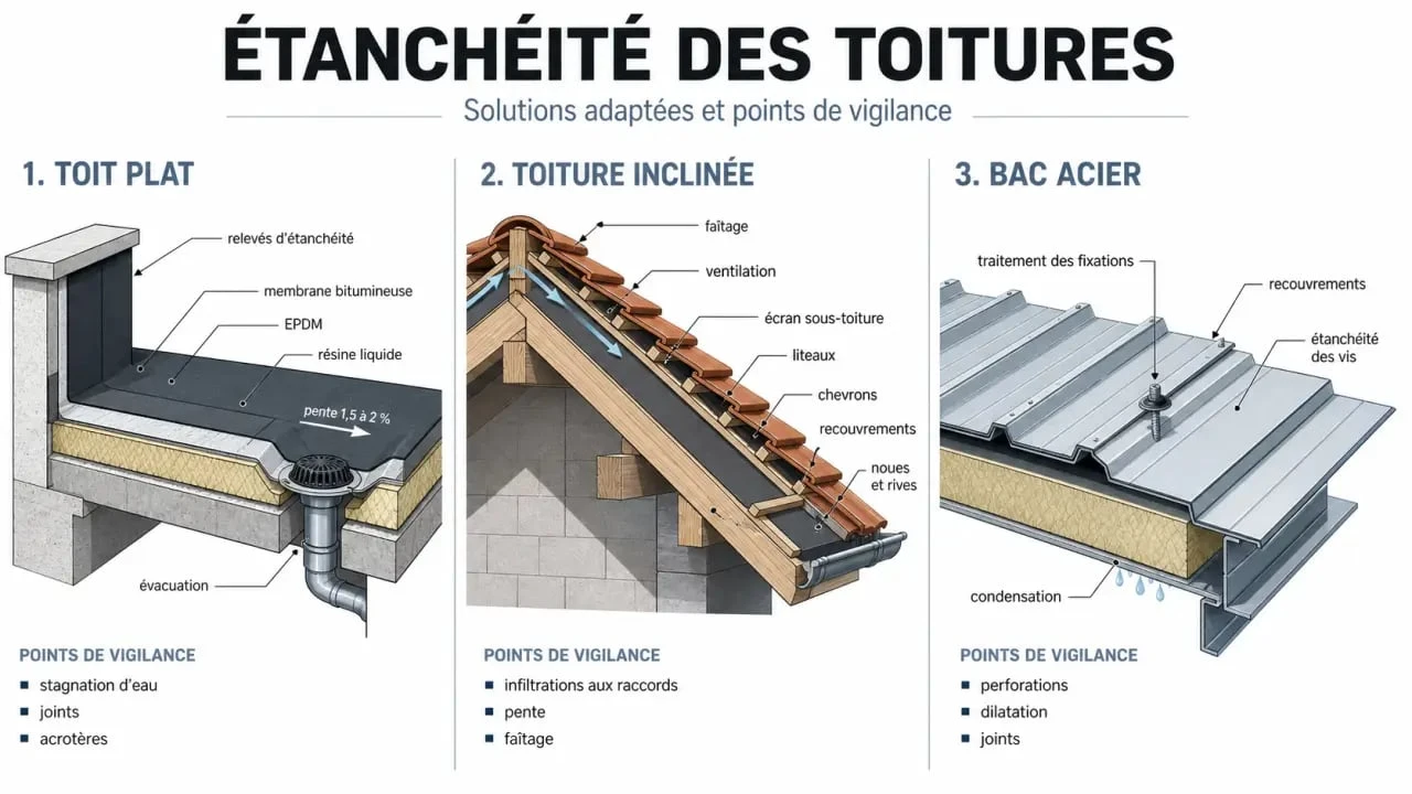 Étanchéité des toitures : solutions selon toit plat, toiture inclinée et bac acier