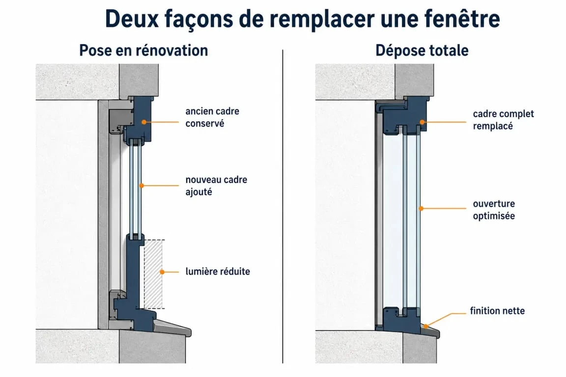 Prix remplacement fenetre : différence visuelle entre pose en rénovation et cadre complet