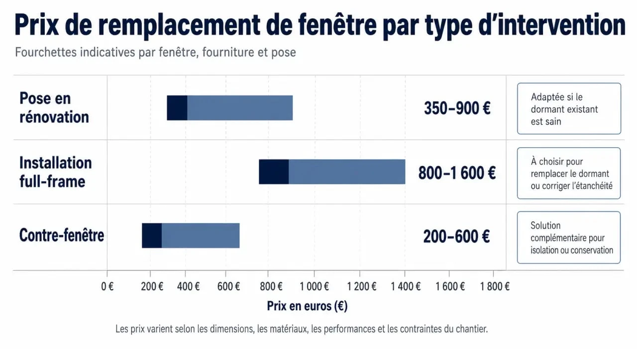 Prix remplacement fenetre : comparatif des coûts par type de pose de fenêtre, en rénovation, cadre complet et contre-fenêtre