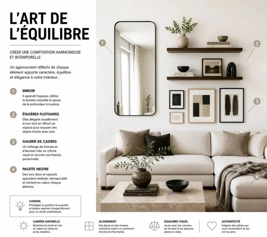Idées pour décorer un mur blanc avec des cadres et des étagères