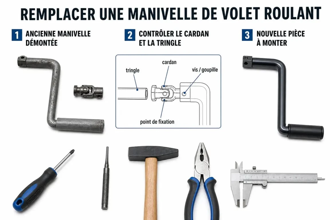 Remplacer manivelle volet roulant : schéma des étapes et des outils pour démonter et remonter la pièce