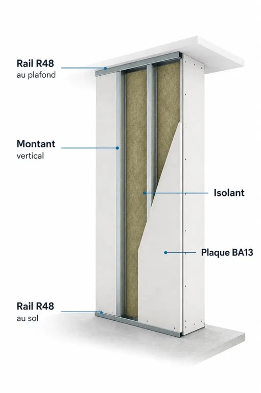Schéma des railles pour placo avec rail R48, montants, isolant et plaques BA13