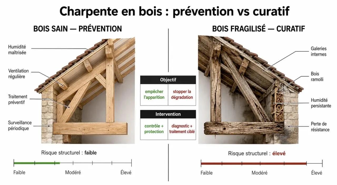Traitement charpente bois : comparaison entre charpente saine et charpente attaquée