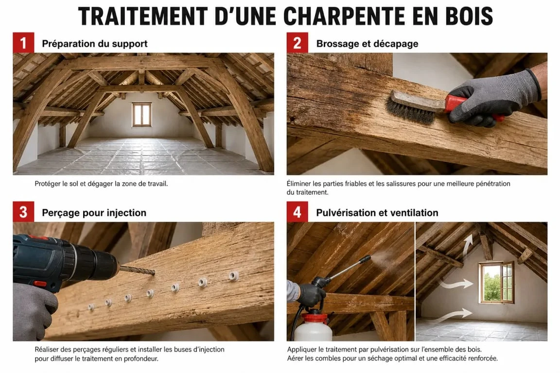 Traitement charpente bois : étapes de préparation et d'injection dans une charpente