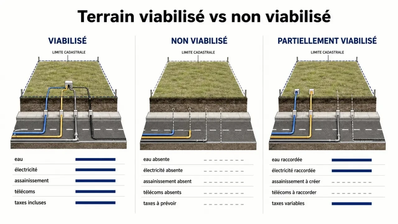 Coût terrain viabilisé : comparaison visuelle entre terrain viabilisé, non viabilisé et partiellement viabilisé