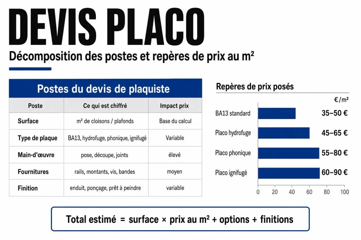 Devis placo avec comparaison des prix au m² et des types de plaques