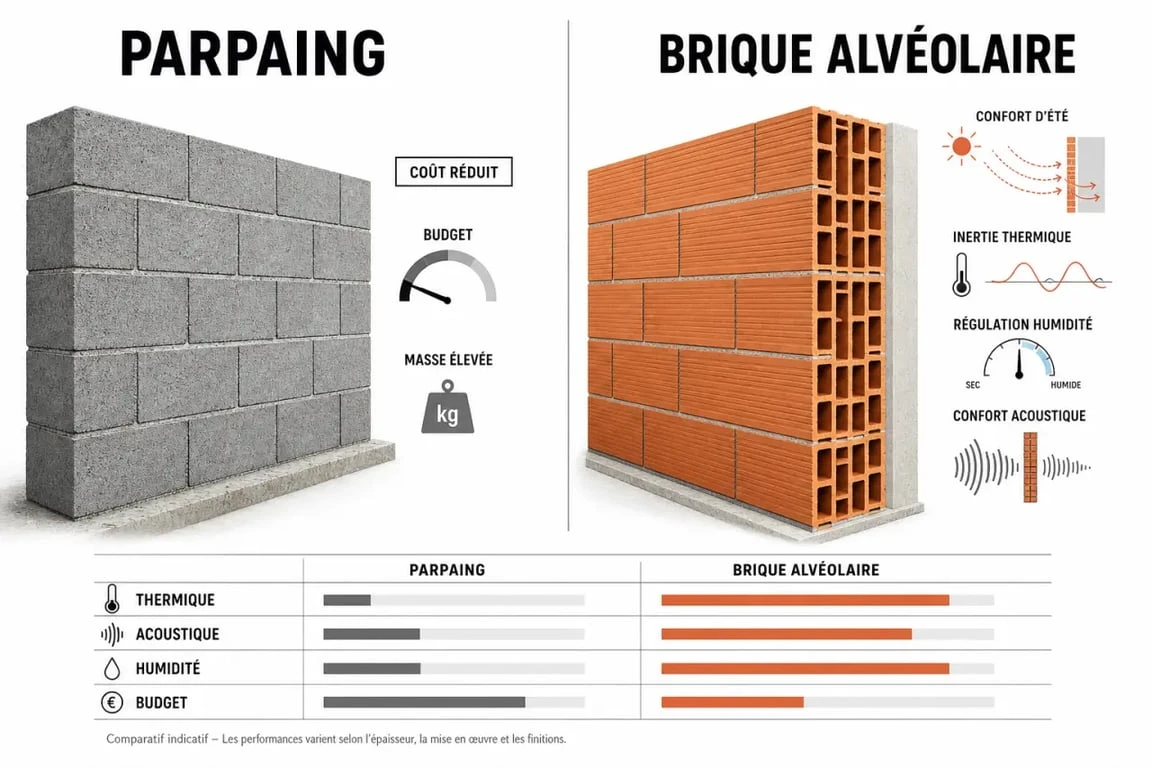 Comparatif brique ou parpaing avec une illustration éditoriale montrant leurs différences thermiques, acoustiques et de coût