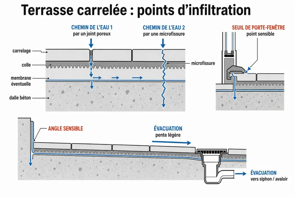 Étanchéité sur carrelage terrasse : schéma des couches et des infiltrations d’eau