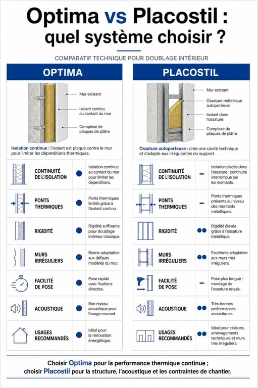 Infographie comparative optima placostil avec critères de performance thermique, acoustique et facilité de pose