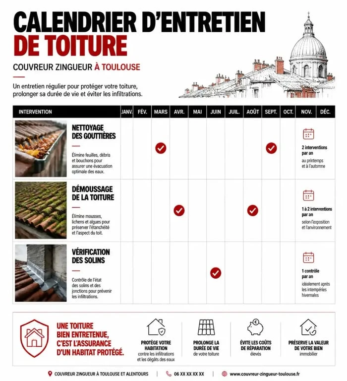 Calendrier d'entretien de toiture pour couvreur zingueur à Toulouse