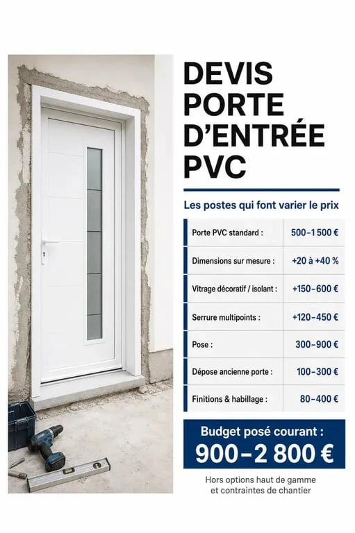 Devis travaux porte d'entrée en PVC : illustration des prix, options et postes de pose