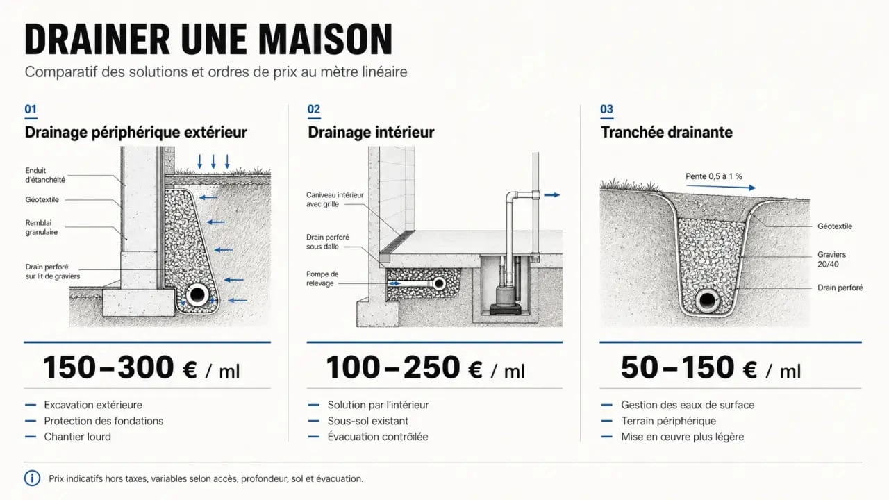 Devis travaux drainage : comparaison visuelle des types de drainage et des prix au mètre linéaire
