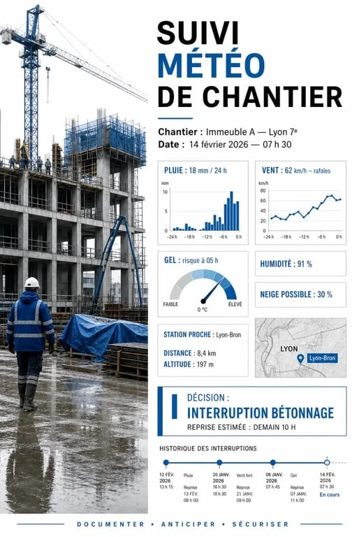 Suivi météorologique de chantier illustré par un chantier BTP et des données météo datées et localisées