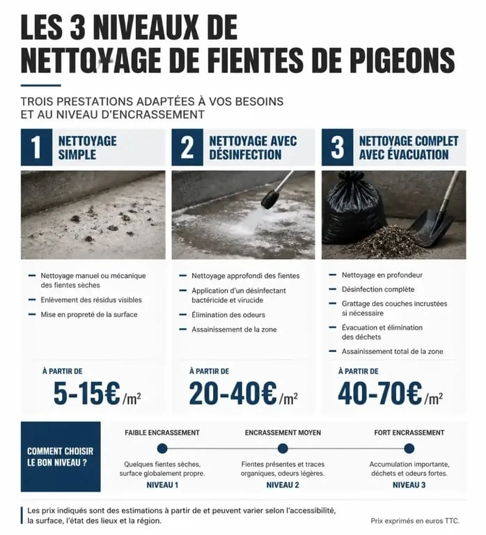 Infographie comparative des tarifs de nettoyage de fiente de pigeon selon le niveau d'intervention