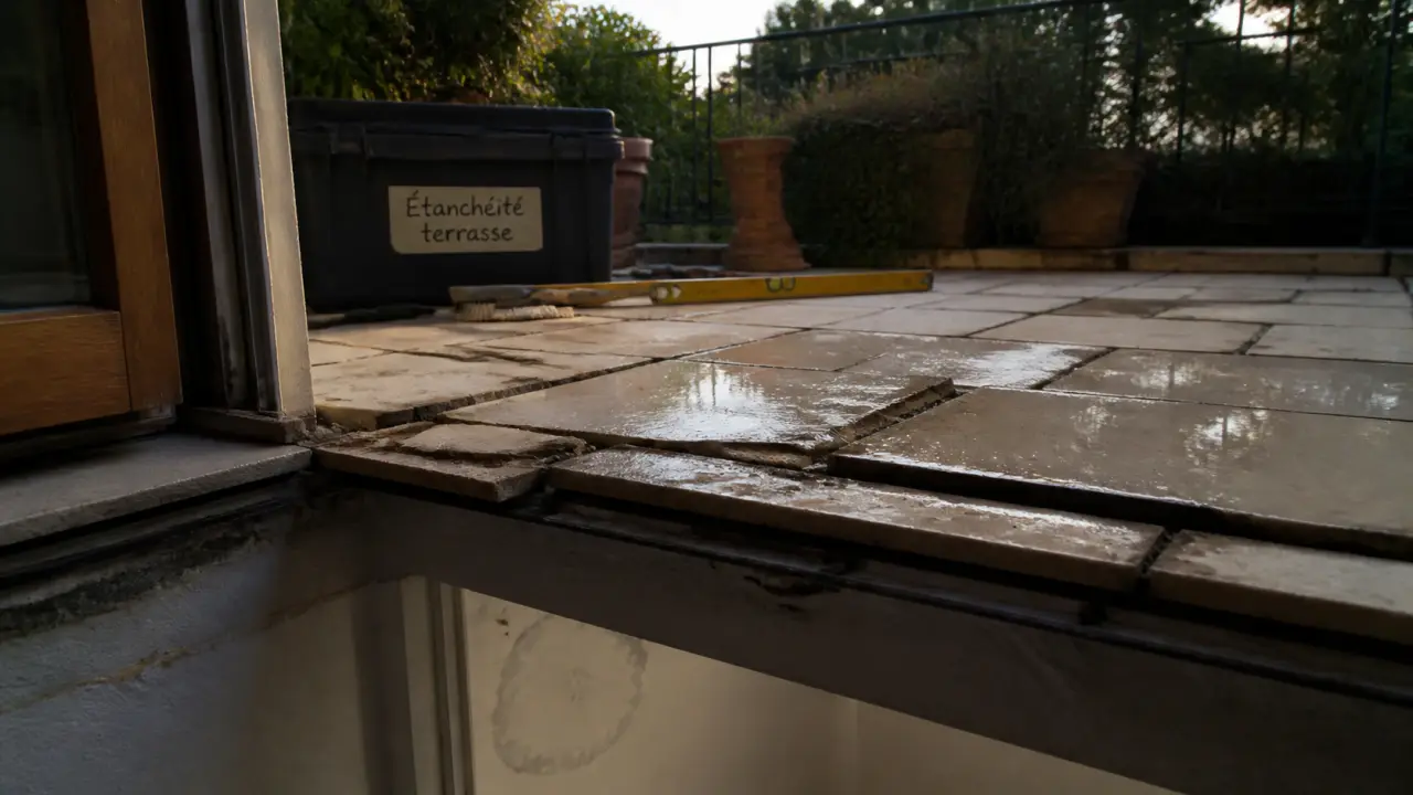 Étanchéité sur carrelage terrasse : joints fissurés, flaque après pluie