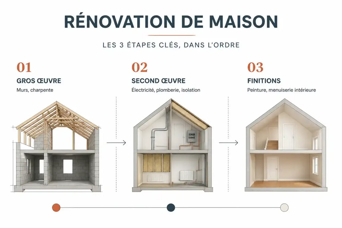 Infographie de la chronologie d'intervention des métiers du bâtiment dans une rénovation de maison