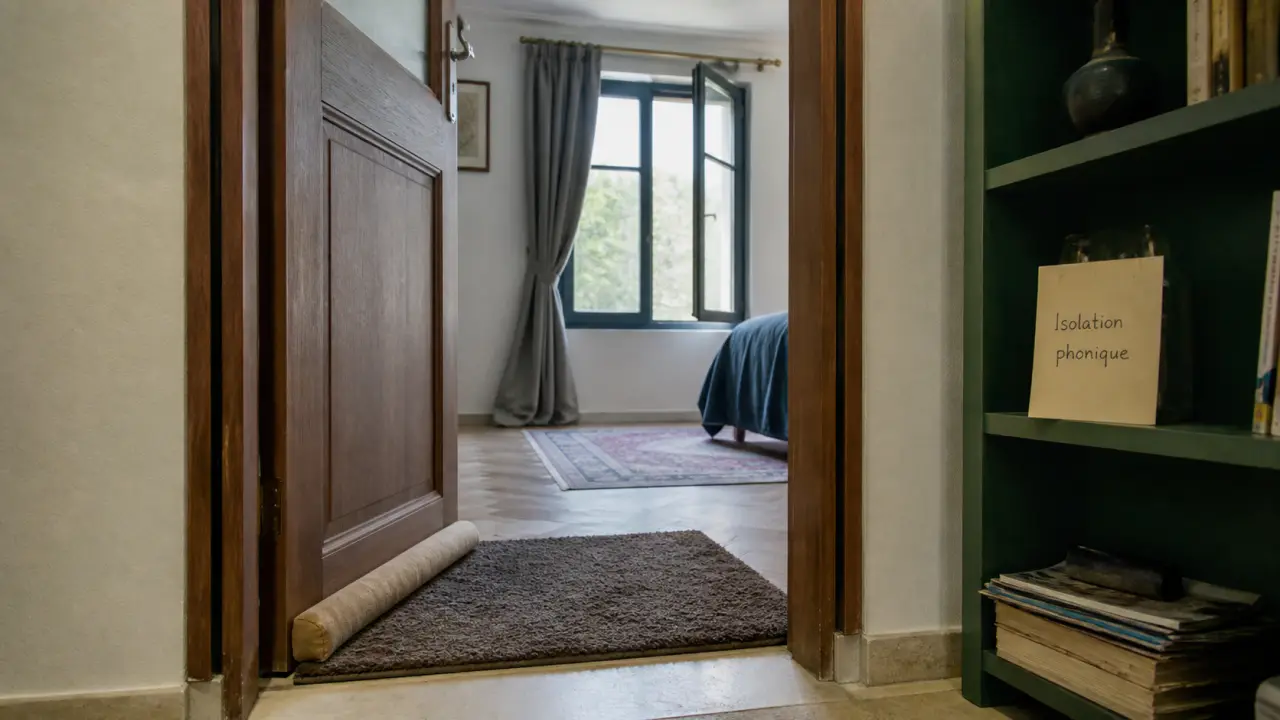 Isolation phonique pour chambre : porte entrouverte, joints et tapis, fenêtre