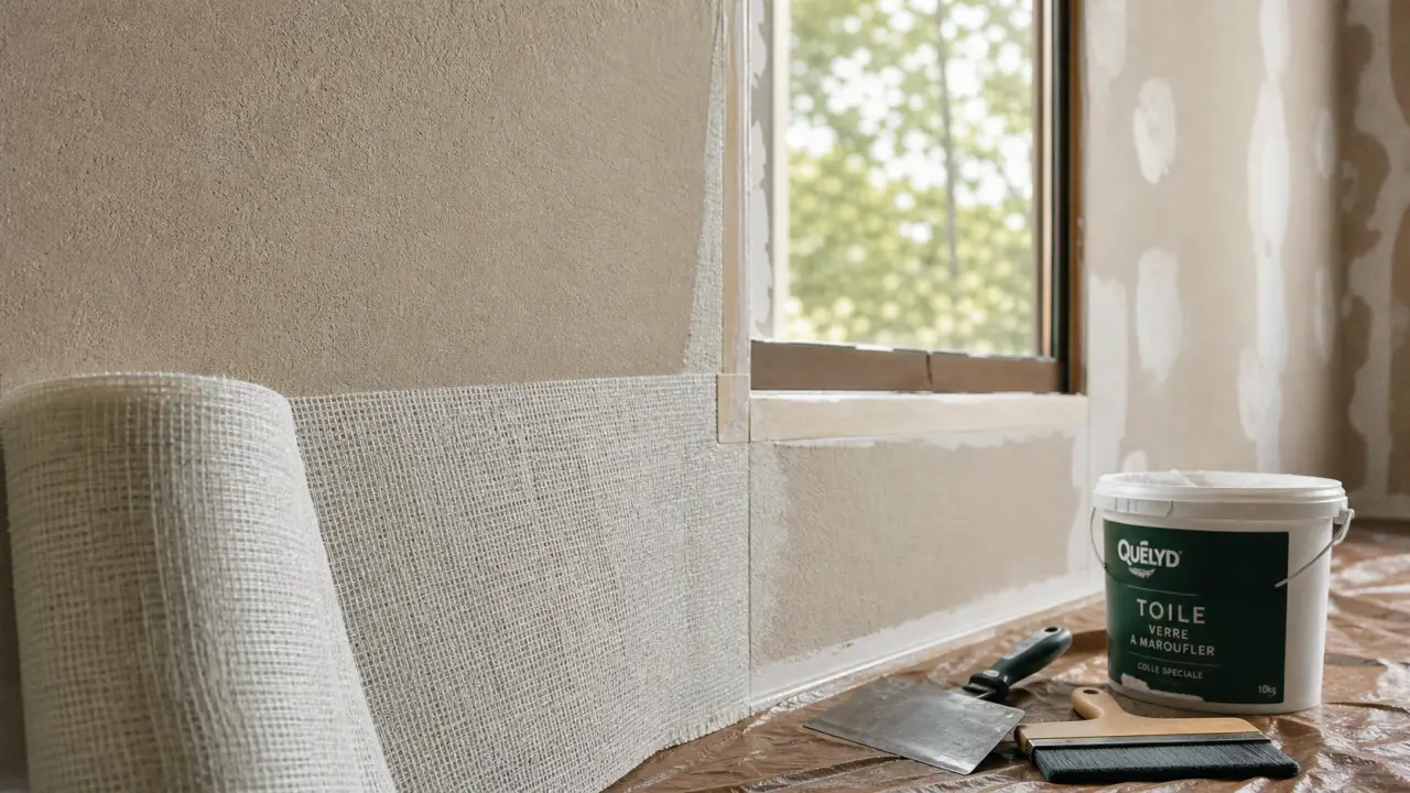 Pose toile de verre murale : lé appliqué avec marouflage, sans bulles