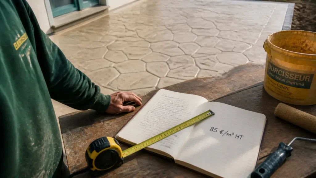 Prix béton imprimé au m² : 85 € HT posé, 6 €/m² d’appel et ce qui change le budget