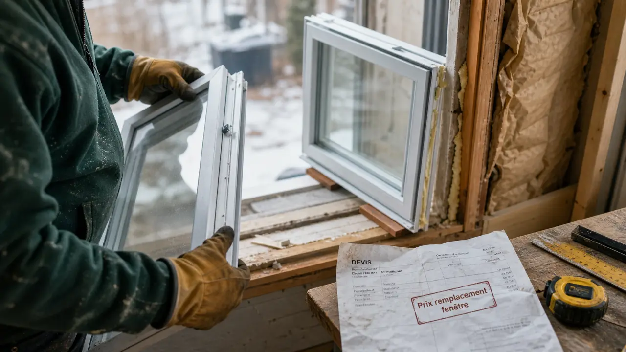 Prix remplacement fenetre : artisan tient un châssis de fenêtre PVC déposé