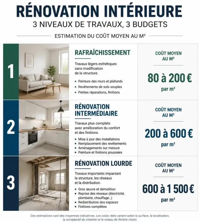 Infographie des coûts moyens pour des travaux de rénovation intérieur par niveau de prestation