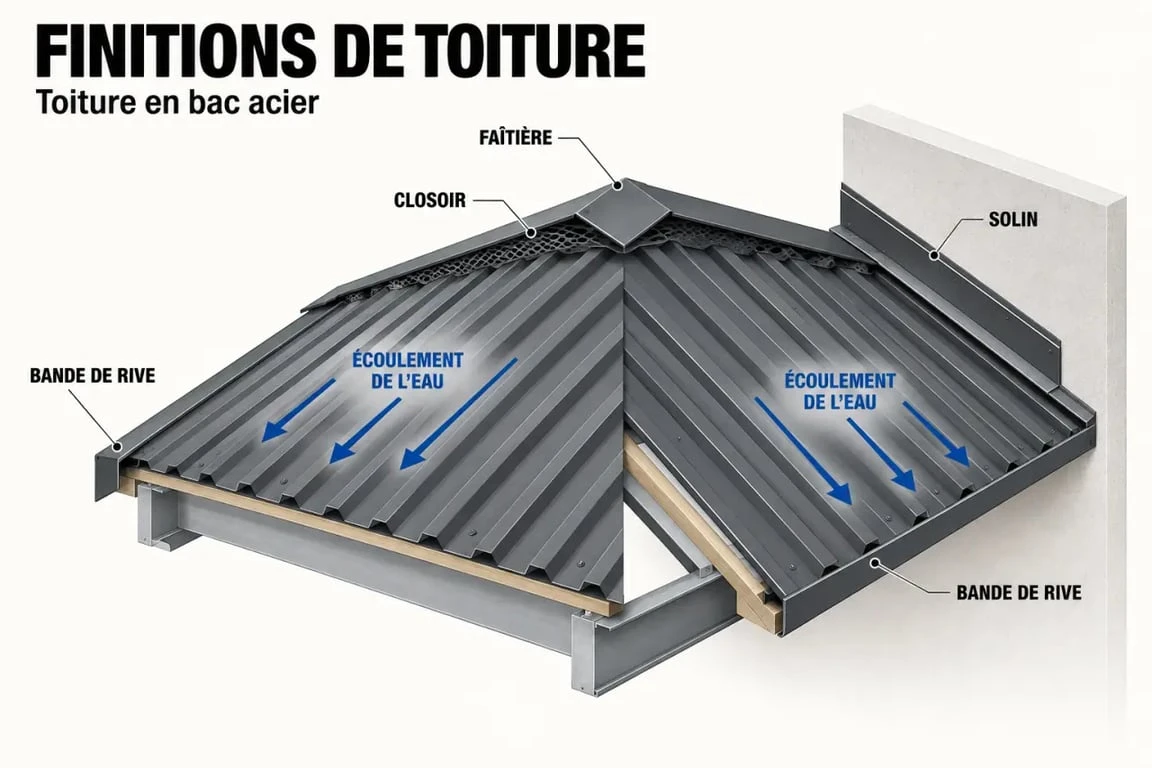 Toiture finition : emplacement de la faîtière, de la rive, du solin et du closoir sur un bac acier