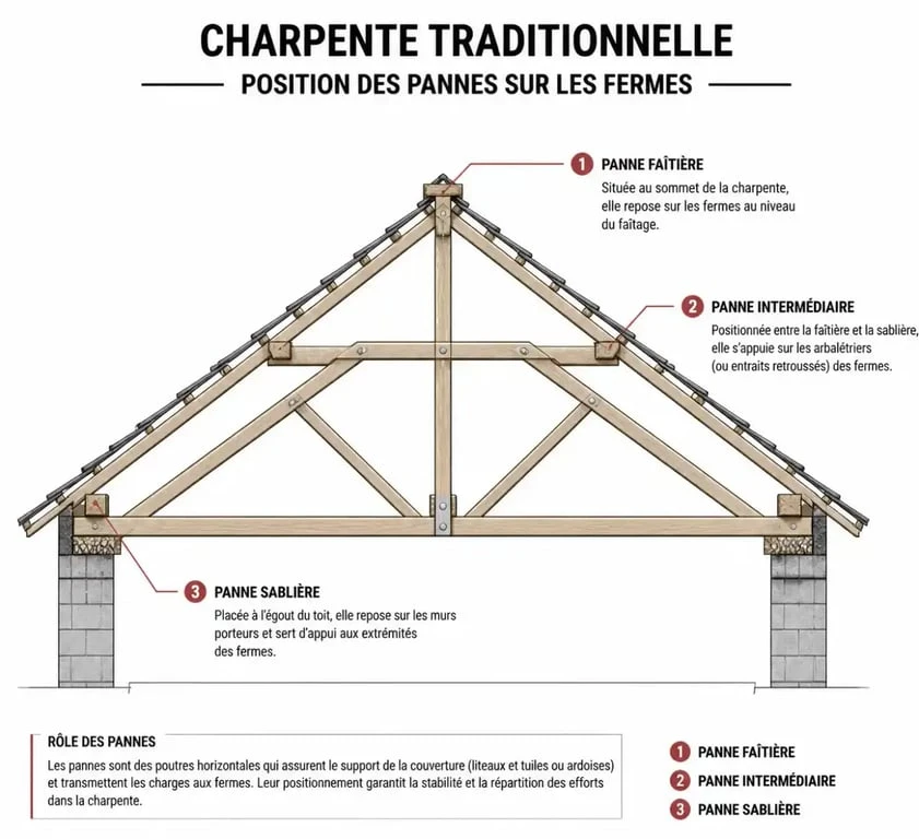 Schéma technique des différents types de pannes de charpente : faîtière, intermédiaire et sablière