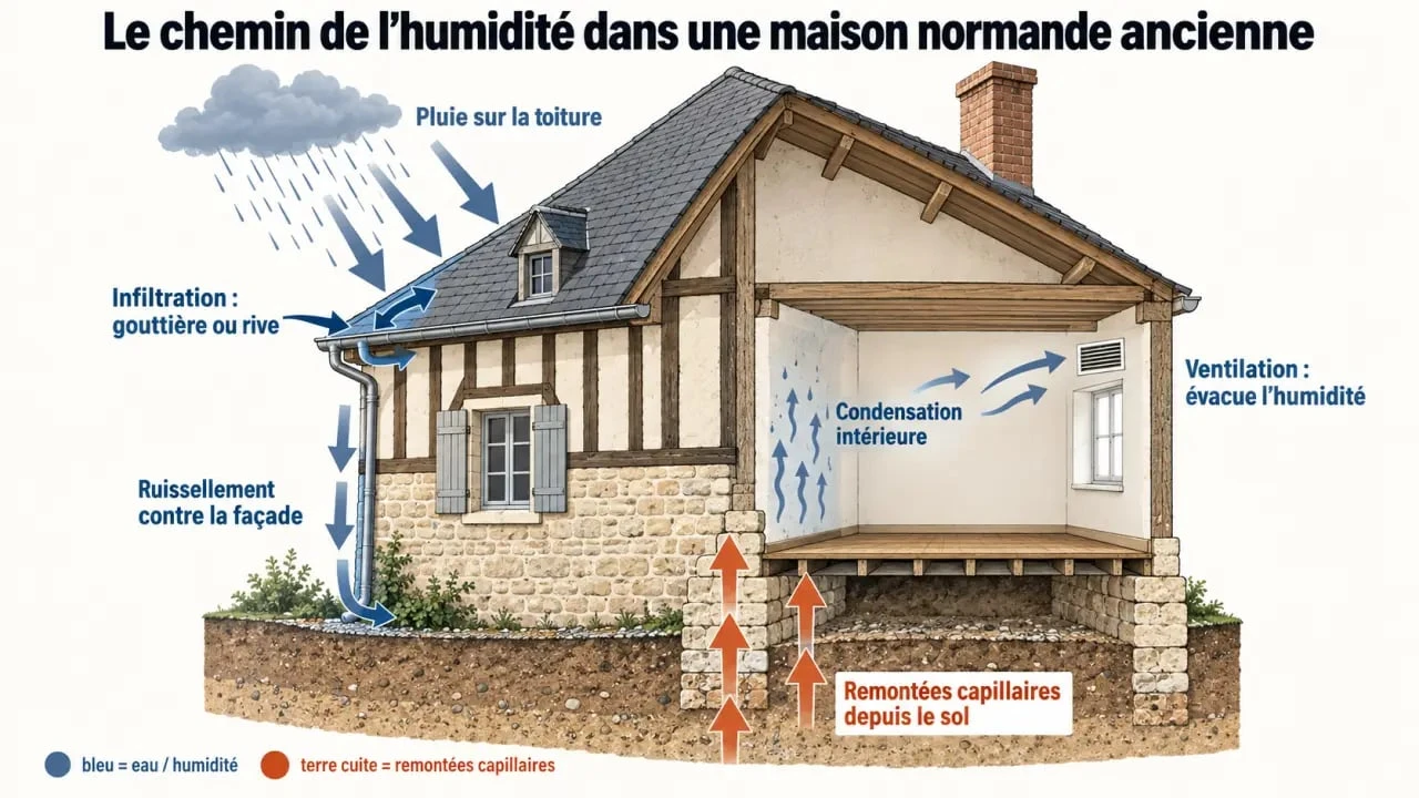 Schéma des causes d’humidité dans une rénovation maison normande