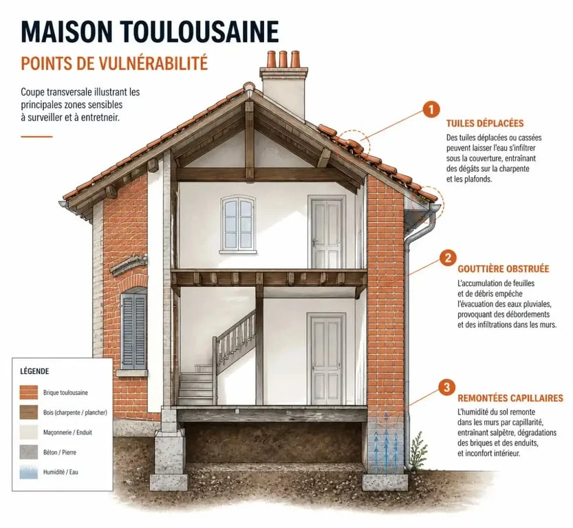 Schéma des points de vulnérabilité pour les travaux d'infiltration d'eau à Toulouse
