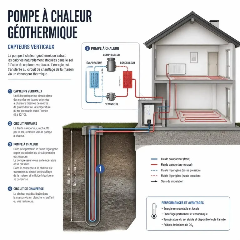 Schéma de fonctionnement d'un système de chauffage en géothermie
