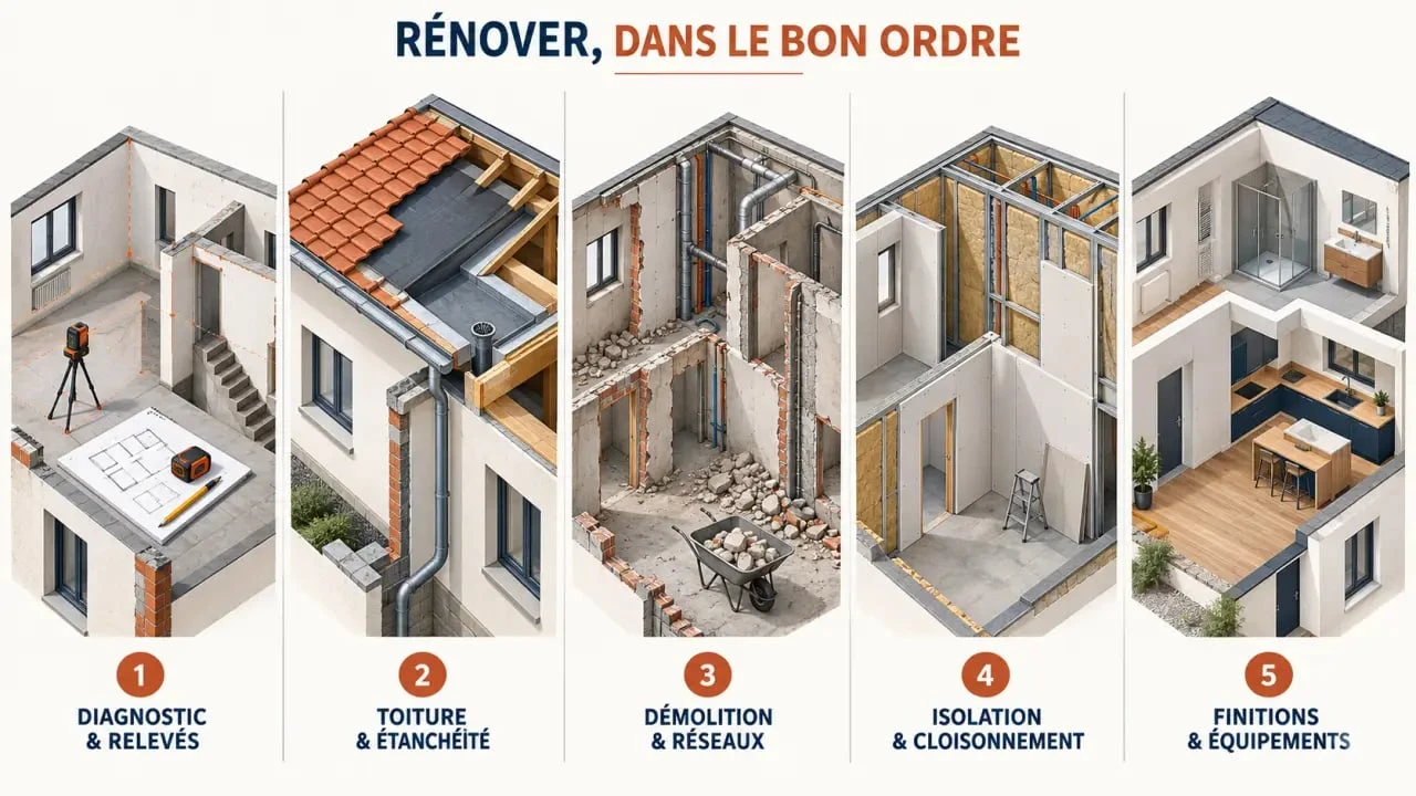 Illustration de l’ordre des travaux de rénovation, du diagnostic aux finitions