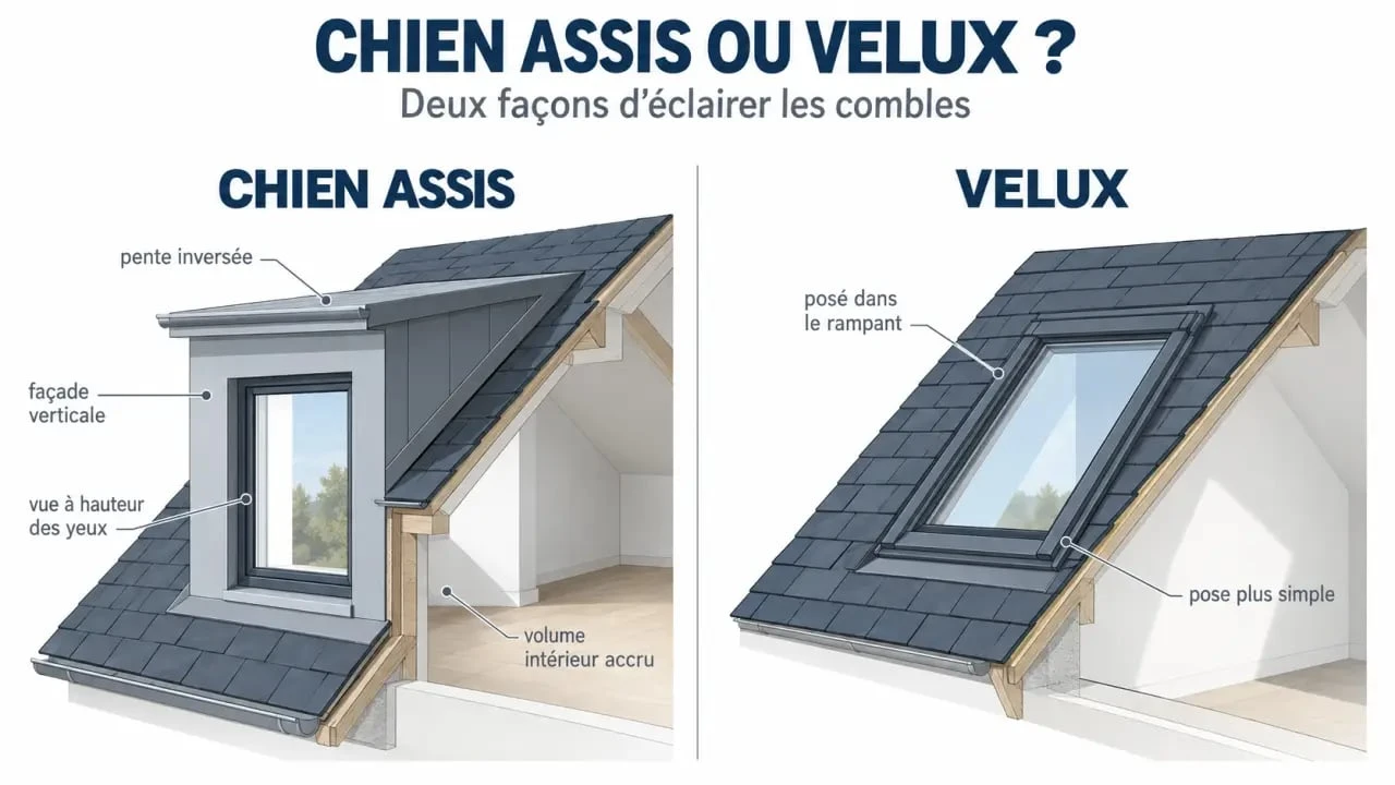 Infographie comparant un chien assis et un Velux sur une maison