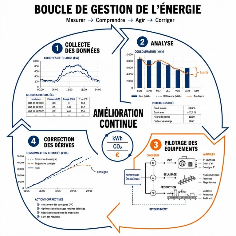 Schéma du cycle de gestion de l'énergie : mesurer, analyser, piloter, corriger