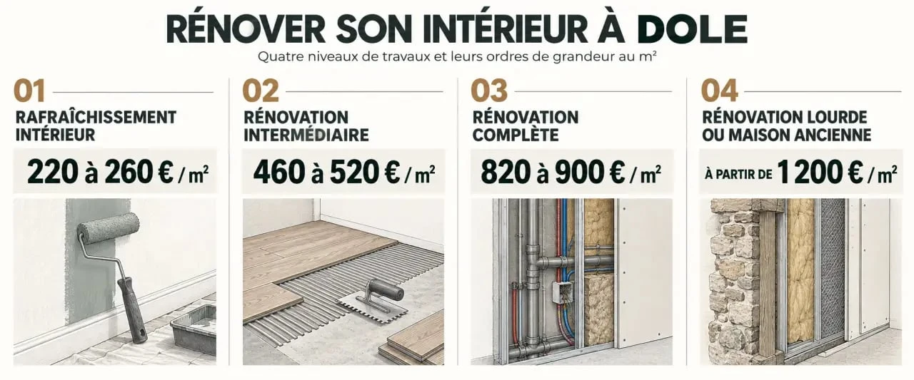 Infographie des prix d’une rénovation intérieure de maison à Dole selon le niveau de travaux