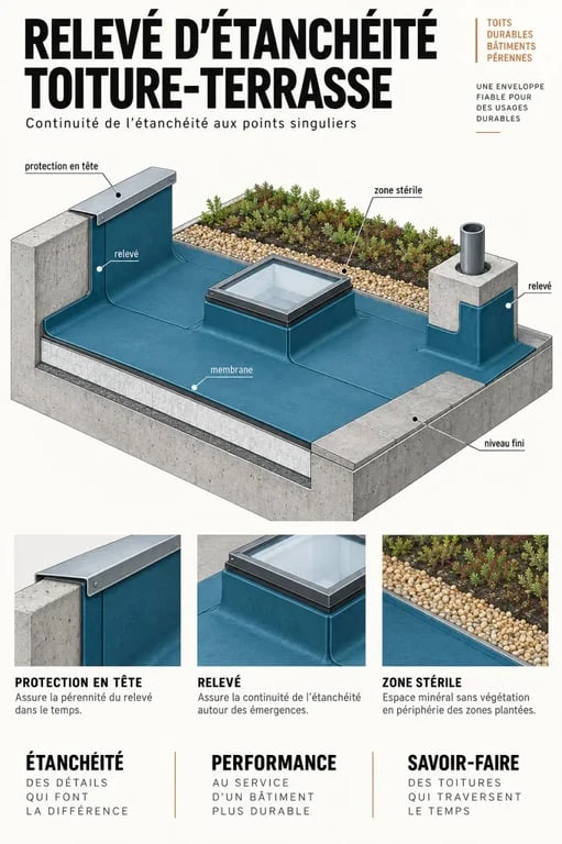Schéma du relevé d’étanchéité sur toiture-terrasse avec acrotère, émergence et zone stérile