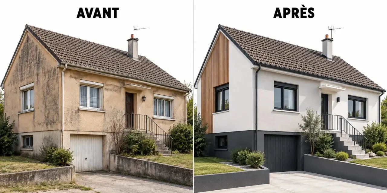 Avant-après pour moderniser une façade de maison année 70 avec enduit clair et bardage
