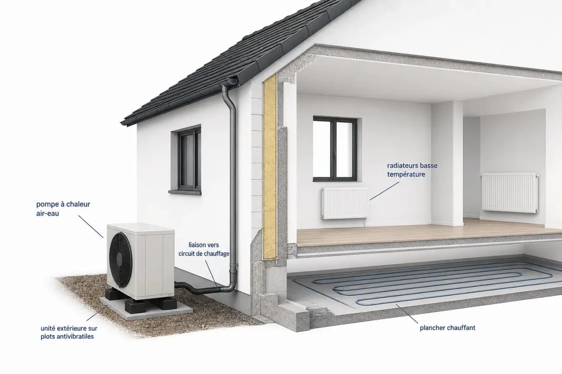 Installer une pompe à chaleur dans une maison individuelle avec unité extérieure et raccordement intérieur