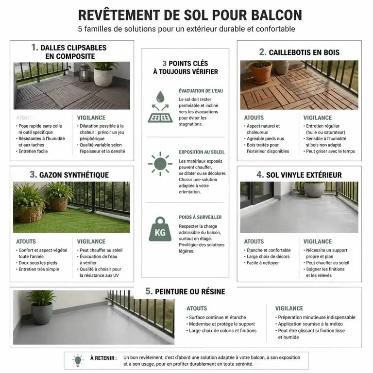 Infographie sur les solutions de revêtement sol balcon et leurs points de vigilance
