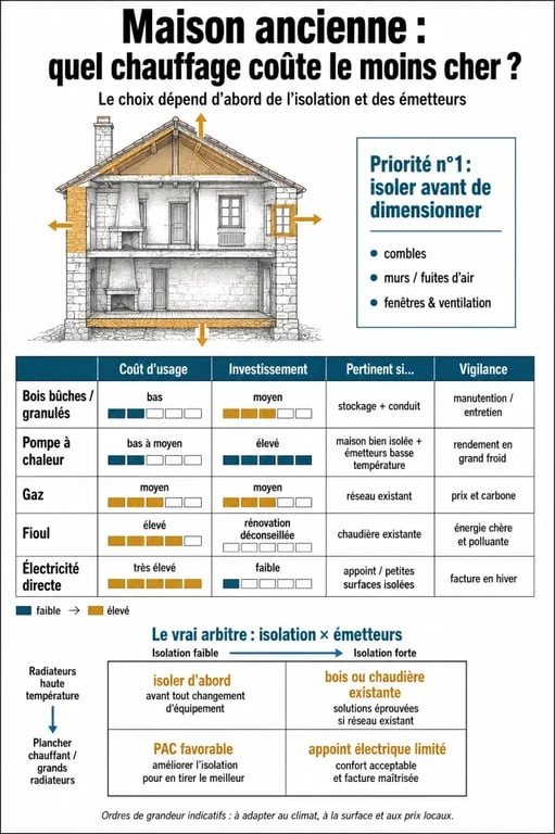 Infographie sur le chauffage le plus économique maison ancienne avec comparaison bois, PAC, gaz, fioul et électricité